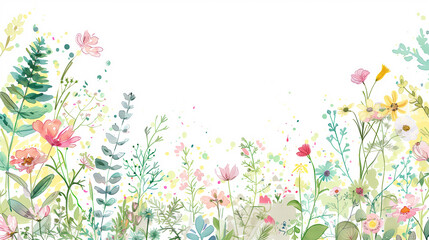 Colorful Watercolor Floral Border on White Background