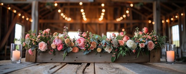 Elegant Rustic Wedding Floral Centerpiece with Candles in Barn Setting