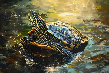 Illustrate a serene low-angle perspective of a turtle basking in the sun, its textured shell reflecting sunlight in a hyper-realistic oil painting