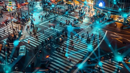 A high angle view of a busy city intersection at night, with cars and pedestrians moving through the streets, illuminated by street lights and traffic signals.