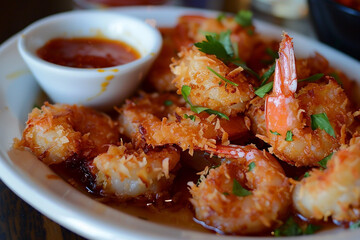 A coconut shrimp dish, with plump shrimp coated in crispy coconut flakes and served with a tangy dipping sauce.
