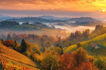 Stunning vineyards landscape in South Styria near Gamlitz. Autumn scene of grape hills in popular...