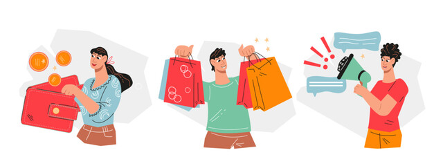 Happy shoppers with purchases and business owner attracting customers for sale. Loyalty programs banner set to attract customers, flat vector illustration isolated on a white background.