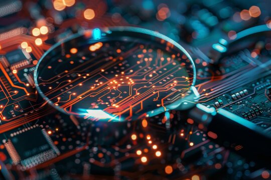 A magnifying glass examining network components, symbolizing the investigation of network issues