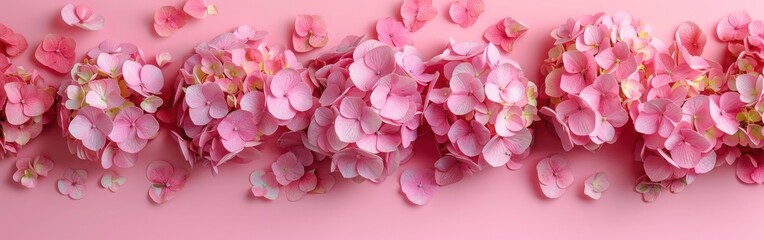 Hydrangea Flowers Composition on Pastel Pink Background - Top View Flat Lay with Copy Space