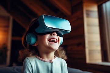 Addiction of children on the virtual world and entertainment. Little girl having fun at home witn wearing VR glasses. Digitalization of society and escape from reality into a beautiful virtual world.