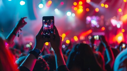 A person in a crowd at a concert capturing the moment on their cell phone. - Powered by Adobe