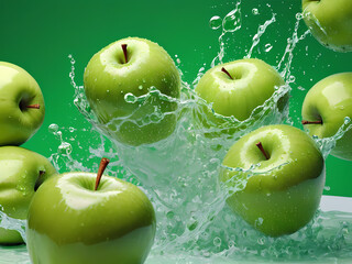 Green Apples Refreshed in Water with Droplets, Granny Style