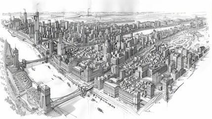 A black and white drawing of a cityscape.