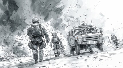 A black and white drawing of soldiers walking away from an explosion.