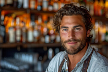 Obraz premium Bartender in the bar smiling. Advetisement design, banner, small buisness concept.