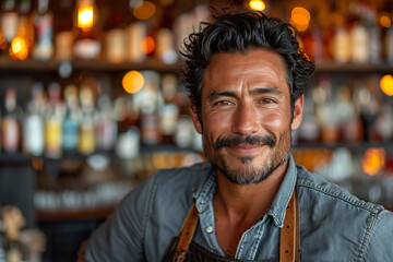 Obraz premium Bartender in the bar smiling. Advetisement design, banner, small buisness concept.