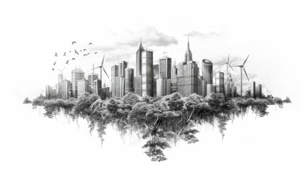 A black and white sketch of a city with trees and wind turbines.
