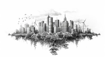 Obraz premium A black and white sketch of a city with trees and wind turbines.