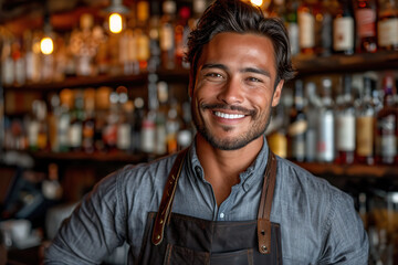 Fototapeta premium Bartender in the bar smiling. Advetisement design, banner, small buisness concept.