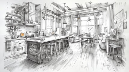 A black and white sketch of a modern kitchen with a large island, breakfast bar, dining table, and living area.