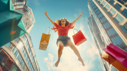 Beautiful woman holding a shopping bag jumping cheerfully in the city Happy trading.