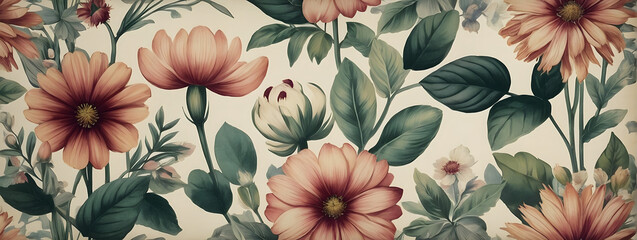 a dreamy vintage botanical wallpaper, Transport viewers to a magical realm with whimsical flowers and vintage charm.