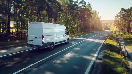 White modern delivery small shipment cargo courier van moving fast on motorway road to city