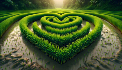 Fototapeta premium A people working in a vibrant green rice field under a warm, glowing sunset. The field is flooded with water, reflecting the golden hues of the sky. 