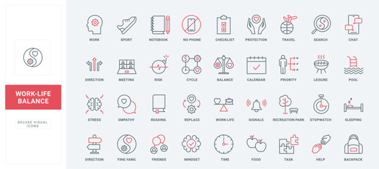Work life balance line icons set. Search and plan tasks for office and leisure, meeting with friends and digital detox, sleep and travel thin black and red outline symbols vector illustration
