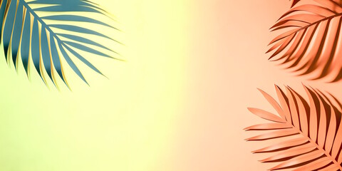 Fototapeta na wymiar palm leaves on yellow background, top view