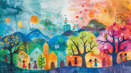 A colorful painting of a village with people holding hands in front of a mountain range.