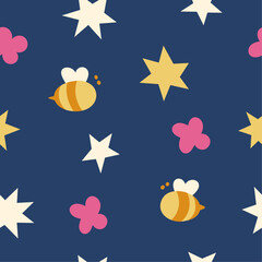 Vector seamless pattern with bees and botanical elements.