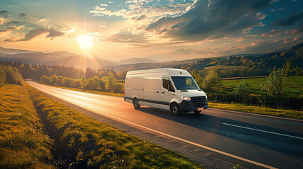 White modern delivery small shipment cargo courier van moving fast on motorway road to city