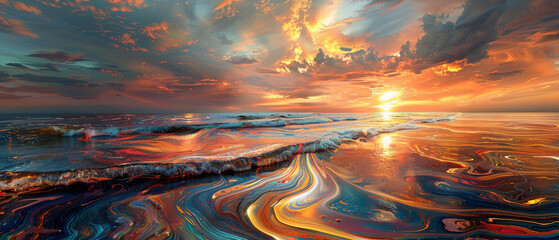 An artistic interpretation of an oil spill, with oil sheen on water reflecting a haunting sunset, symbolizing environmental impact