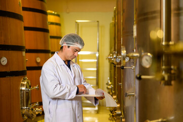 Professional winemaker controlling wine making process and quality at winery factory