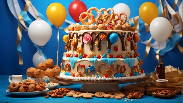 "Artistic image depicting a cheerful birthday cake with an Oktoberfest theme. The cake is decorated with brown and white icing, edible beer glasses, and pretzels, surrounded by blue and white balloons