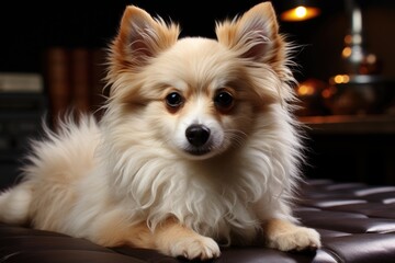 Pet dog sitting on bed