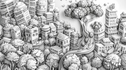 A detailed black and white drawing of an urban landscape with trees and buildings.