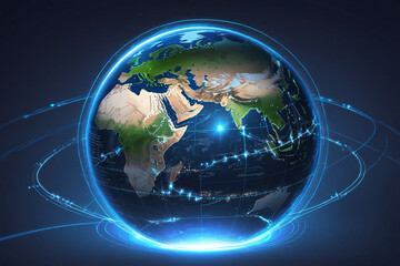 Globe with world map, glowing lines on dark background.