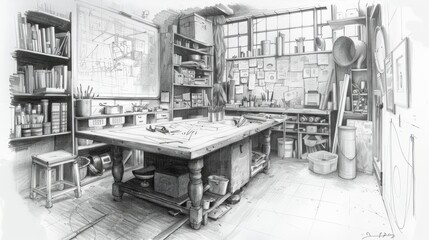 A detailed pencil drawing of an artist's studio with a large drafting table, bookshelves, and various art supplies.