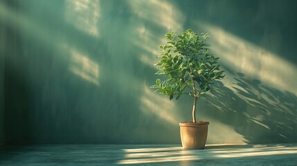 Background with small plant in front of green wall, dramatic lighting, AI-generative 