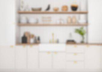 Blur background. Modern Classic kitchen style, Cabinet built-in for background. 3D illustration