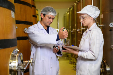 Professional winemaker controlling wine making process and quality at winery factory