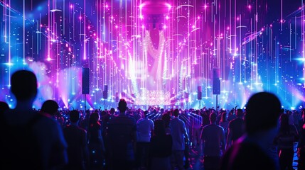 Crowd of people gathered in front of a stage, facing forward and possibly waiting for a performance to begin.