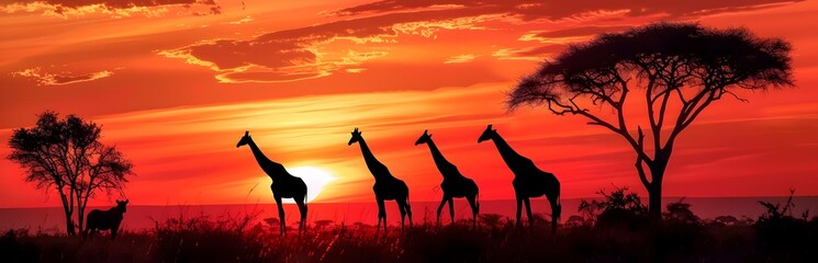 Majestic Giraffes Silhouetted Against Breathtaking Sunset Scenery in the African Savanna