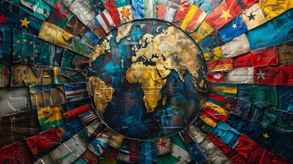 A globe made of colorful flags of the world.
