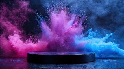 Colorful Powder Explosion on Empty Black Podium Mockup for Product or Cosmetics Presentation