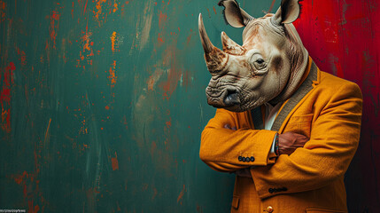A rhinoceros wearing a suit and tie with arms crossed