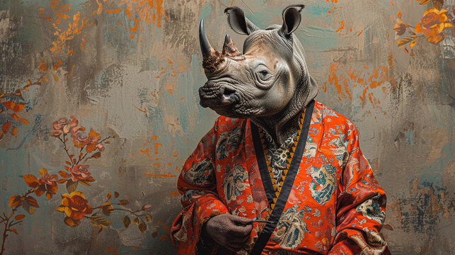A rhinoceros wearing a red kimono is standing in front of a brown background. The rhinoceros has a serious expression on its face