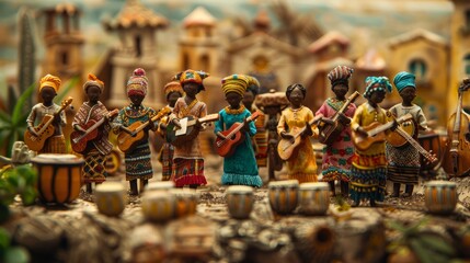 A group of African women in traditional clothing are playing various musical instruments and singing.