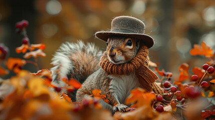 Obraz premium A squirrel wearing a hat and scarf sits on a branch with fall leaves. The squirrel is looking at the camera