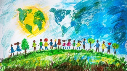 A group of diverse children holding hands in front of the Earth.