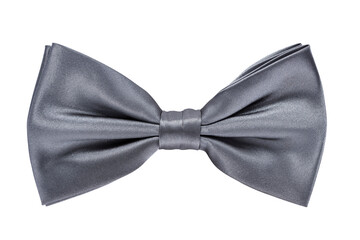 Top view of silver gray satin bow tie, isolated on white background.