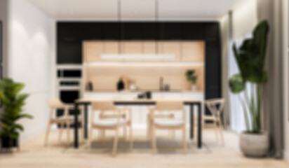 Modern kitchen, dining table and cabinet built-in for background. Blur background. 3D illustration